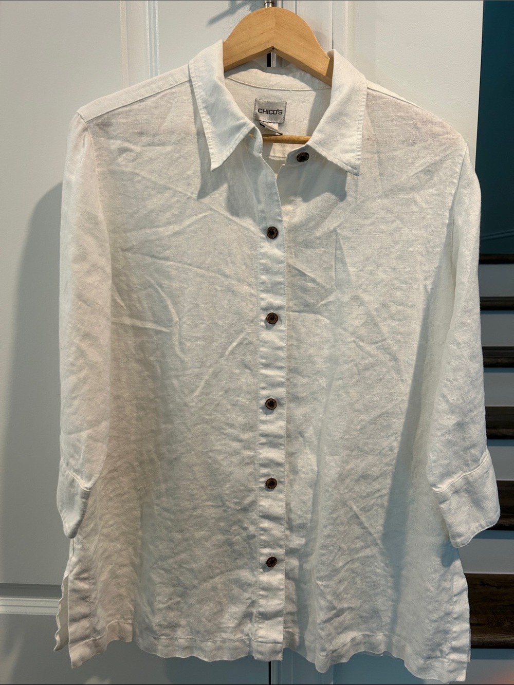 Chico's White Linen Pant Set (button down blouse & with elastic band pants)